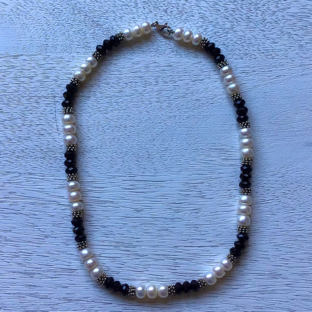 Cultured Freshwater Pearl and Onyx Sterling Silver Necklace
